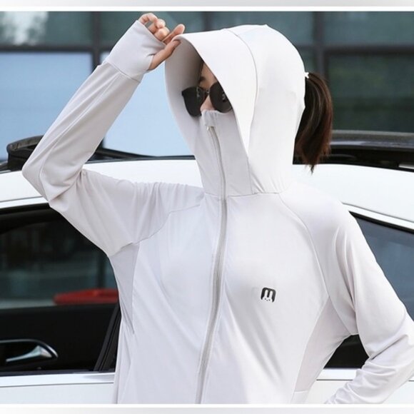 WOMEN RASH GUARD SUN PROTECTION JACKET SUN SHADE HOODIE ZIPPER - Picture 5 of 9